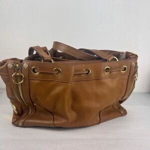 Mulberry Oak Tan Leather Expandable Drawstring Shoulder Bag Gold Hardware Tote